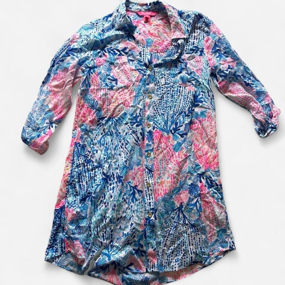 Lilly Pulitzer Natalie Cover-Up Shirtdress blue pink shell sway with me xxs - Picture 2 of 7